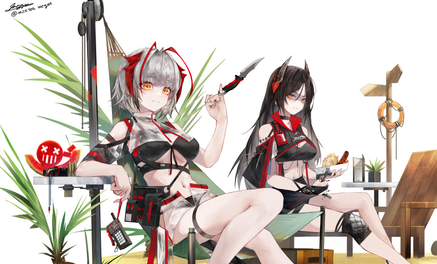 2girls absurdres arknights bare_shoulders black_hair dobermann_(arknights) grey_hair highres holding holding_knife knife milktea_wegan multiple_girls simple_background swimsuit thighs twitter_username w_(arknights) white_background yellow_eyes