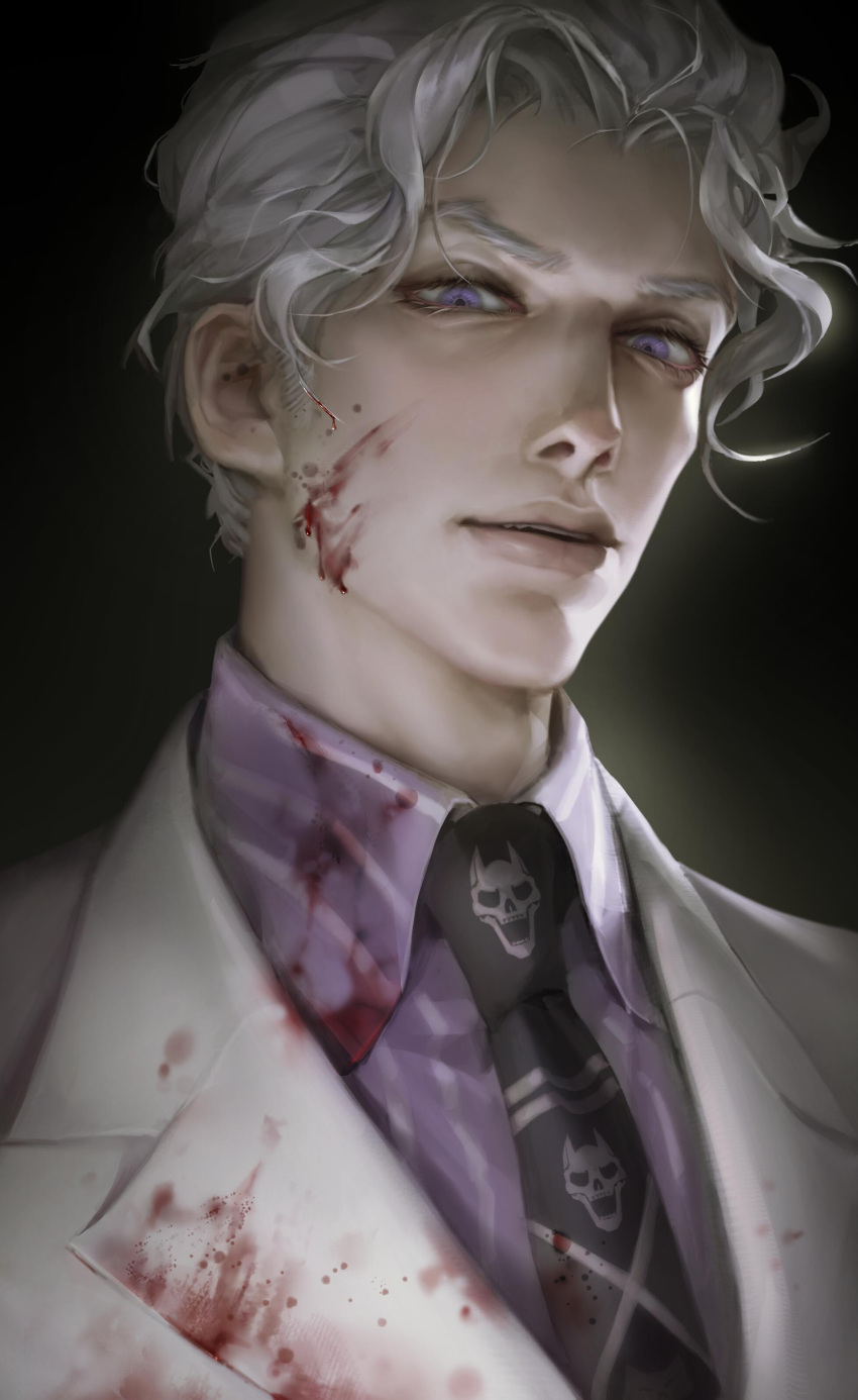 1boy absurdres black_background black_necktie blazer blood blood_on_clothes blood_on_face collared_shirt diamond_wa_kudakenai formal furrowed_brow grey_hair highres jacket jojo_no_kimyou_na_bouken kira_yoshikage light_smile lips looking_at_viewer male_focus molimolijio necktie parted_lips portrait print_necktie purple_eyes purple_shirt shirt short_hair skull_print smile solo suit wavy_hair white_hair white_jacket