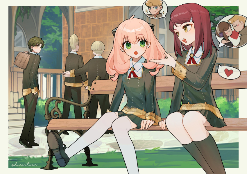 3girls 4boys absurdres anya_(spy_x_family) becky_blackbell bench black_hair black_pants black_shirt black_thighhighs blonde_hair cone_hair_bun damian_desmond ducartoon eden_academy_school_uniform emile_elman ewen_egeburg green_eyes hair_bun hairpods highres husband_and_wife long_hair multiple_boys multiple_girls open_mouth pants pink_hair red_hair school_uniform shirt sitting spy_x_family thighhighs twilight_(spy_x_family) white_thighhighs yellow_eyes yor_briar