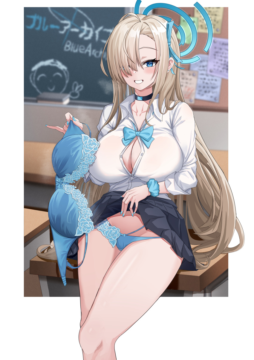 1girl absurdres aqua_bow aqua_bowtie aqua_bra aqua_panties arona's_sensei_doodle_(blue_archive) asuna_(blue_archive) asymmetrical_bangs bare_legs black_choker black_skirt blue_archive blue_eyes bow bowtie bra bra_removed breasts chalkboard choker classroom cleavage clothes_lift collarbone desk doodles feet_out_of_frame hair_over_one_eye halo highres holding holding_bra holding_clothes holding_underwear indoors large_breasts lifted_by_self light_brown_hair long_bangs long_hair looking_at_viewer mz_(yeye_ai_chipao_mian) one_eye_covered open_collar panties partially_unbuttoned school_desk school_uniform sensei_(blue_archive) shirt skirt skirt_lift solo steam underwear very_long_hair white_shirt