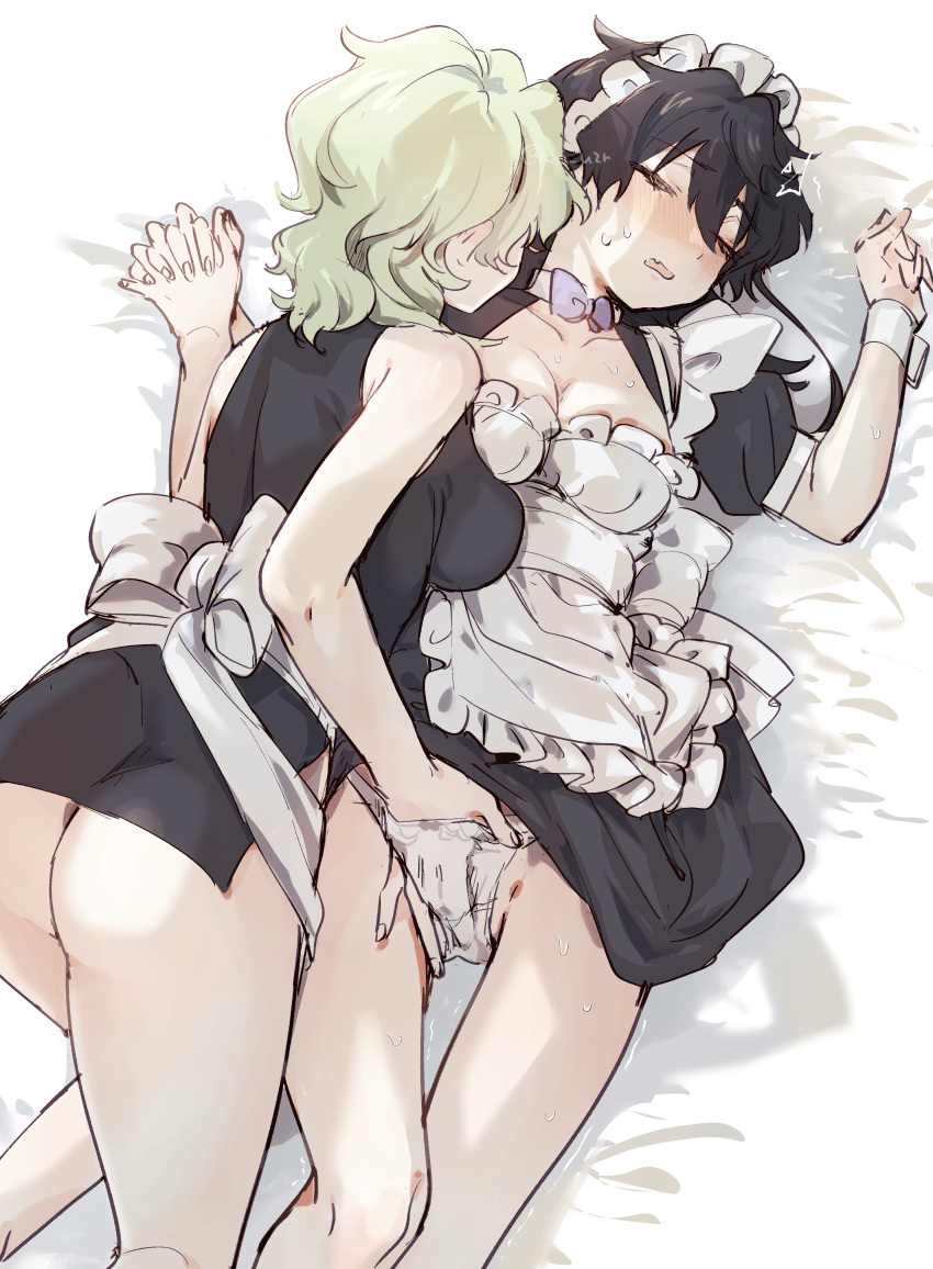 2girls absurdres apron black_dress black_hair breasts cleavage currytabeyo dress ensemble_stars! fingering fingering_through_clothes fingering_through_panties genderswap genderswap_(mtf) green_hair hairband highres large_breasts lying maid maid_apron maid_headdress medium_breasts medium_hair multiple_girls on_back on_bed panties sazanami_jun short_sleeves through_clothes tomoe_hiyori underwear white_apron white_hairband white_panties yellow_eyes yuri