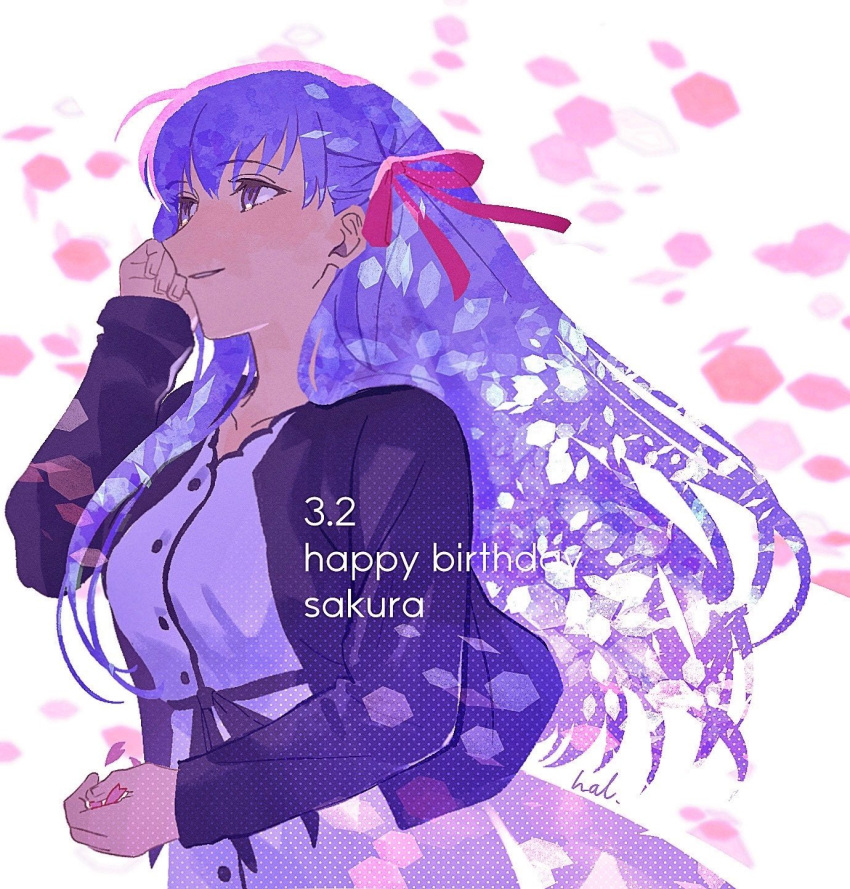 1girl adjusting_hair buttons character_name cherry_blossoms collarbone dated dress eyelashes falling_petals fate/stay_night fate_(series) from_side hair_ribbon hal_(haaaalhal) happy_birthday highres jacket long_hair long_sleeves matou_sakura petals pink_ribbon purple_eyes purple_hair purple_jacket ribbon signature sitting very_long_hair white_background white_dress