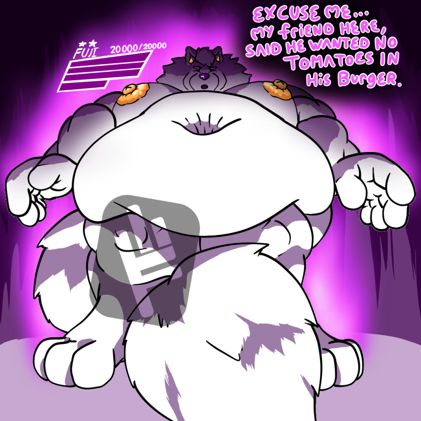 1:1 angry anthro aura barazoku belly big_belly boss_fight canid canine canis cel_shading complaining dialogue digital_media_(artwork) domestic_dog english_text eyes_closed fluffy fluffy_tail fujiyama_kenhaku fujiyama_samoyed_(artist) fur gameplay_mechanics gui hair health_bar hindpaw huge_belly humanoid_hands hyper looking_at_viewer looming looming_over low-angle_view macro male mammal micro_pov navel nipples nordic_sled_dog nude obese obese_anthro obese_male overweight overweight_anthro overweight_male pattern_background pawpads paws purple_aura samoyed shaded simple_background size_difference solo spitz tail text thick_thighs white_body white_fur worm's-eye_view yellow_nipples