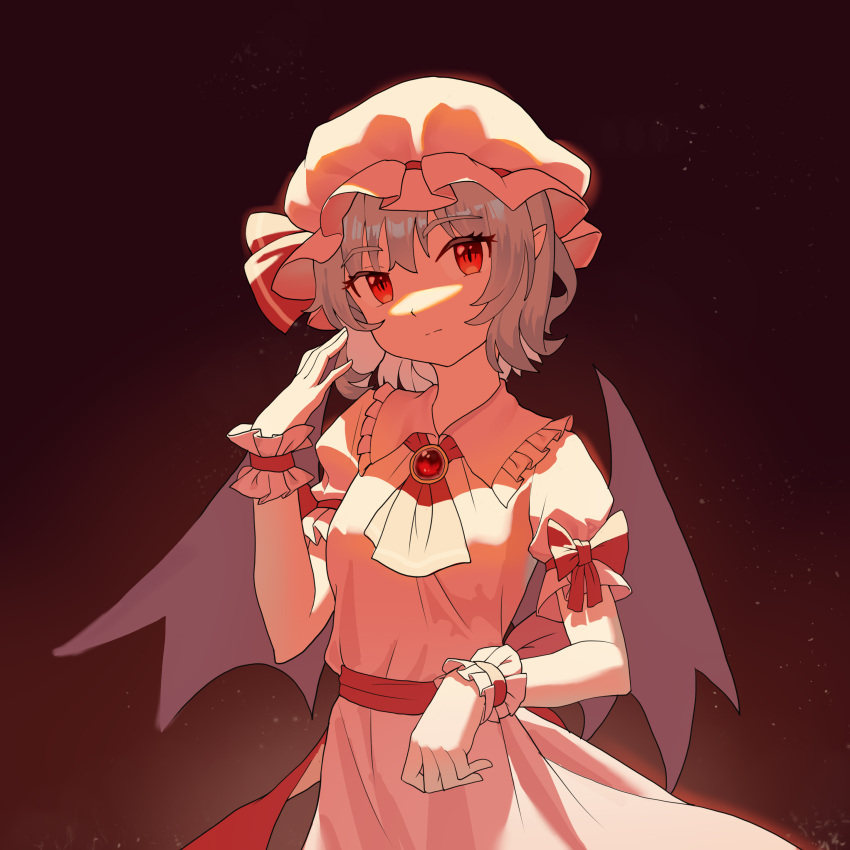 1girl absurdres bat_wings blue_hair bow breasts commentary dress hat head_tilt highres long_dress mob_cap pink_dress pointy_ears puffy_short_sleeves puffy_sleeves red_bow red_eyes remilia_scarlet short_sleeves small_breasts solo touhou upper_body wings wrist_cuffs youpofen