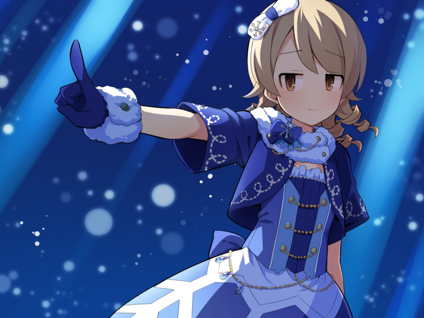 1girl blue_bow blue_dress blue_gloves blue_jacket bow brown_eyes closed_mouth cropped_jacket dress fur-trimmed_gloves fur_trim gloves idolmaster idolmaster_cinderella_girls index_finger_raised jacket light_brown_hair long_hair looking_at_viewer morikubo_nono outstretched_arm ringlets short_sleeves snowflakes solo uccow