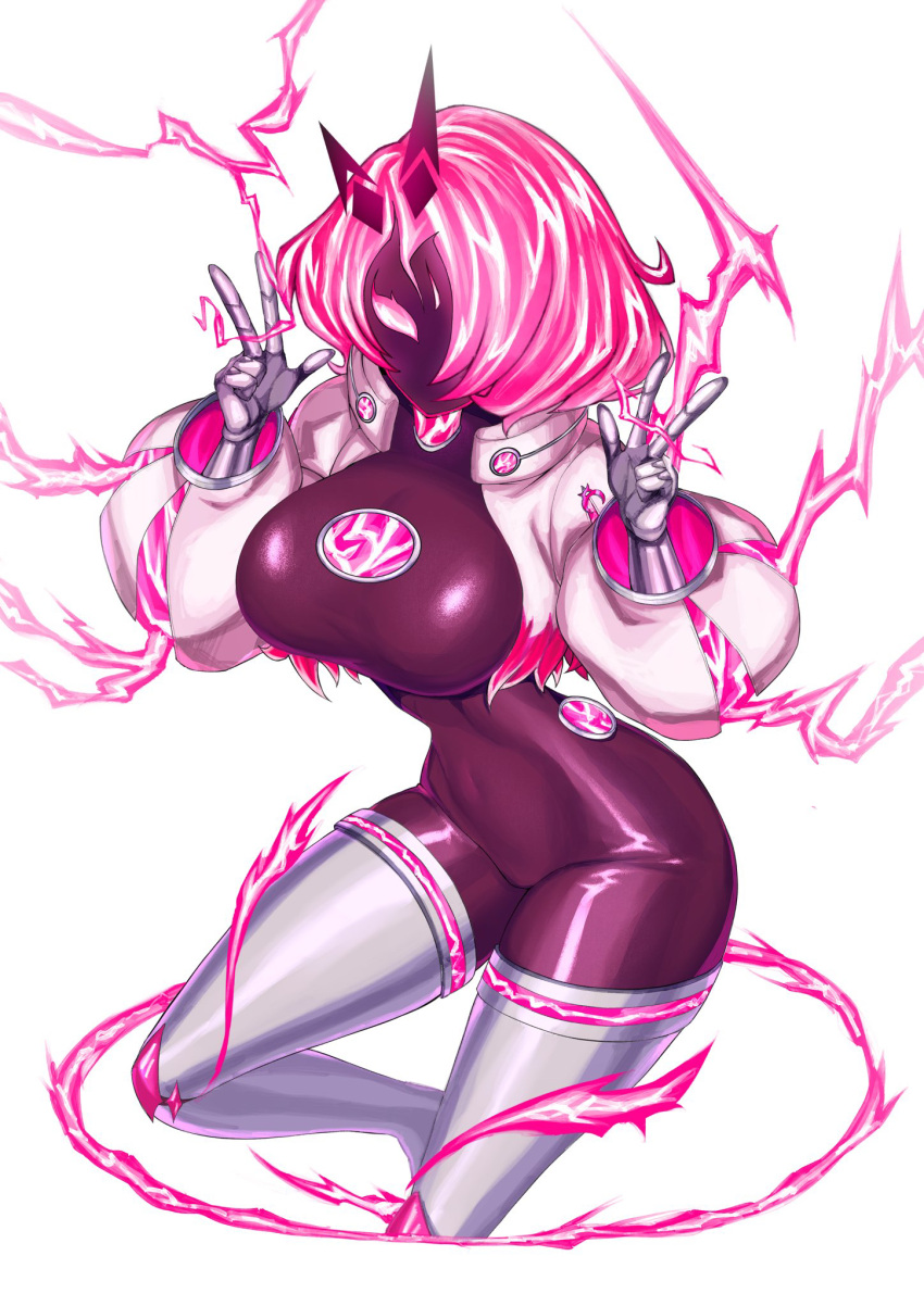 big_breasts bodysuit breasts clothing electric_body electricity electricity_manipulation elemental_manipulation fairy female gesture hair hi_res huge_breasts humanoid konami long_boots pink_body pink_eyes pink_hair pixie plasma_body short_hair simple_background skinsuit solo spright spright_carrot tight_clothing v_sign yu-gi-oh!