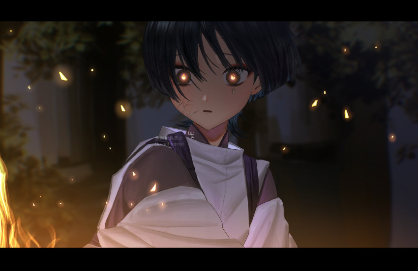 1boy 4the2ofus aged_down artist_name black_border black_hair black_shirt blue_hair blunt_ends blurry blurry_background bonfire border bow colored_inner_hair crying crying_with_eyes_open detached_sleeves eyeshadow fire forest genshin_impact hair_between_eyes highres leaf long_sleeves looking_to_the_side makeup male_focus multicolored_hair nature night no_headwear official_alternate_costume open_mouth purple_bow red_eyeshadow scaramouche_(genshin_impact) scaramouche_(kabukimono)_(genshin_impact) shirt short_hair sitting solo tears tree white_shirt wide_sleeves