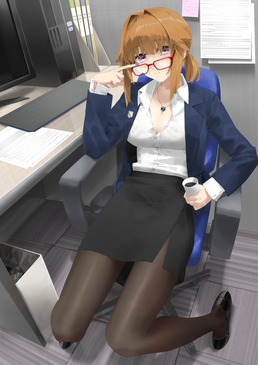 absurdres asimo_(hakurei10201) black_bra black_pantyhose black_skirt blue_jacket bra bra_visible_through_clothes breasts brown_hair cleavage closed_mouth commission computer cup eyewear_pull from_above girls'_frontline glasses griffin_&amp;_kryuger grizzly_mkv_(girls'_frontline) hand_up highres holding holding_cup indoors jacket jewelry keyboard_(computer) lapel_pin large_breasts long_sleeves looking_at_viewer looking_over_eyewear medium_hair monitor necklace on_chair pantyhose paper partially_unbuttoned ponytail purple_eyes red-framed_eyewear ring shirt sidelocks sitting skirt underwear wedding_ring white_shirt