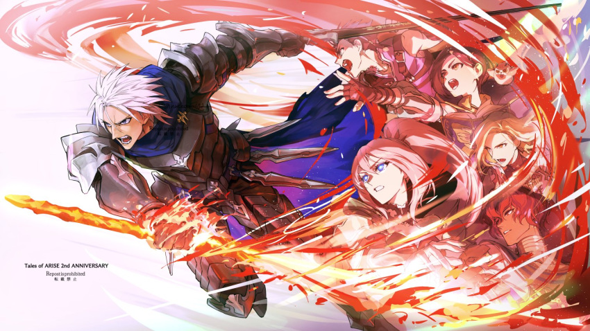 alphen_(tales) armor attack battle black_armor blue_eyes blue_scarf braid dark-skinned_male dark_skin dohalim_(tales) dress fire flaming_sword flaming_weapon gloves hair_between_eyes kisara_(tales) law_(tales) long_hair multiple_boys multiple_girls nukegara102 parted_bangs pink_hair plate_armor ponytail rinwell_(tales) scarf shionne_(tales) short_hair shoulder_armor sidelocks slashing spiked_hair tales_of_(series) tales_of_arise very_long_hair weapon