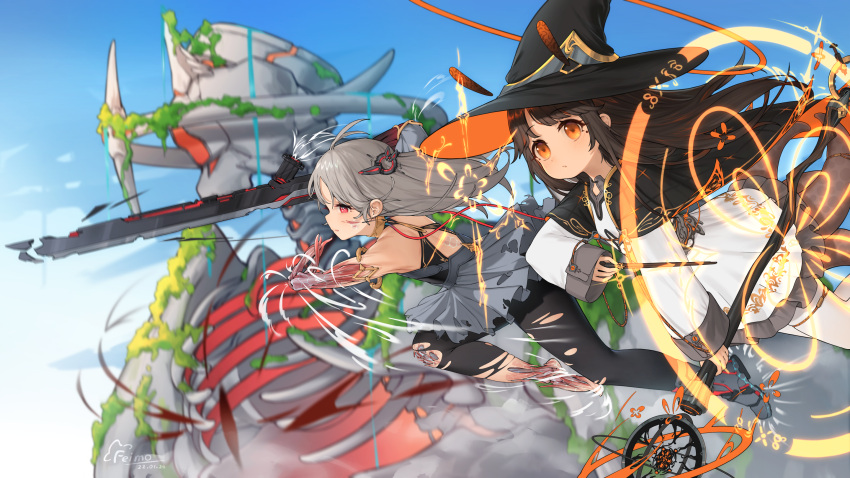 2girls antenna_hair armlet backless_outfit black_hair black_pantyhose blue_sky blurry blurry_background day flying grey_hair halo hat highres holding holding_staff holding_wand koebushi_(mat) long_hair long_sleeves looking_afar mole mole_under_eye monster_girl multiple_girls orange_eyes original outdoors pantyhose red_eyes sky staff sword tentacles torn_clothes torn_pantyhose torn_skin wand weapon white_pantyhose witch_hat