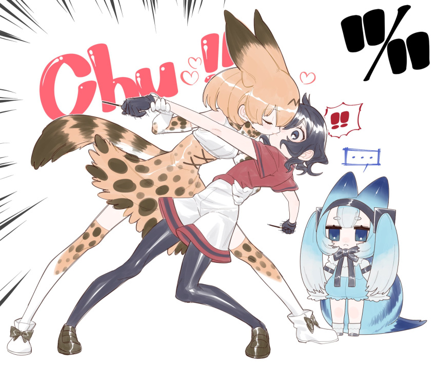 ! !! 2girls animal_ears arm_around_waist black_hair blonde_hair blush bow bowtie closed_eyes couple elbow_gloves food gloves hand_on_another's_back highres holding holding_food holding_pocky hug humanization kaban_(kemono_friends) kemono_friends kiss long_hair lucky_beast_(kemono_friends) multiple_girls notora pocky pocky_day pocky_kiss print_bow print_bowtie red_shirt serval_(kemono_friends) serval_print shirt short_hair shorts skirt sleeveless smile tail thighhighs yuri