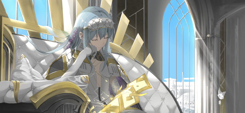 1girl alchemy_stars blue_hair breasts breasts_apart chaise_longue closed_eyes closed_mouth coat coat_on_shoulders creature dress elbow_gloves flower gauntlets gloves hair_flower hair_ornament highres indoors long_hair nap_creator peeking_out sidelocks single_gauntlet sitting sleep_mask sleeping small_breasts sunlight tina_(alchemy_stars) toto_(alchemy_stars) white_dress white_gloves window