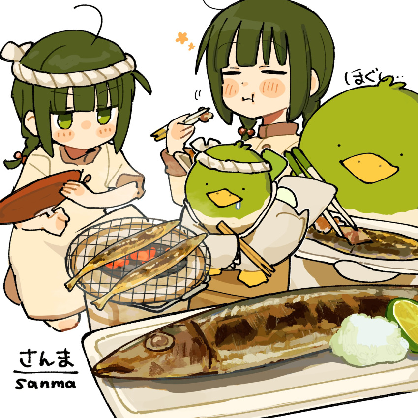 1girl bird blush_stickers braid chopsticks closed_eyes cooking duck eating fish fuu_(ozu_(oz_yarimasu)) green_eyes green_hair grill grilling guu_(ozu_(oz_yarimasu)) hachimaki hair_bobbles hair_ornament hand_fan headband highres holding holding_fan no_mouth original ozu_(oz_yarimasu) saury shichirin twin_braids white_background