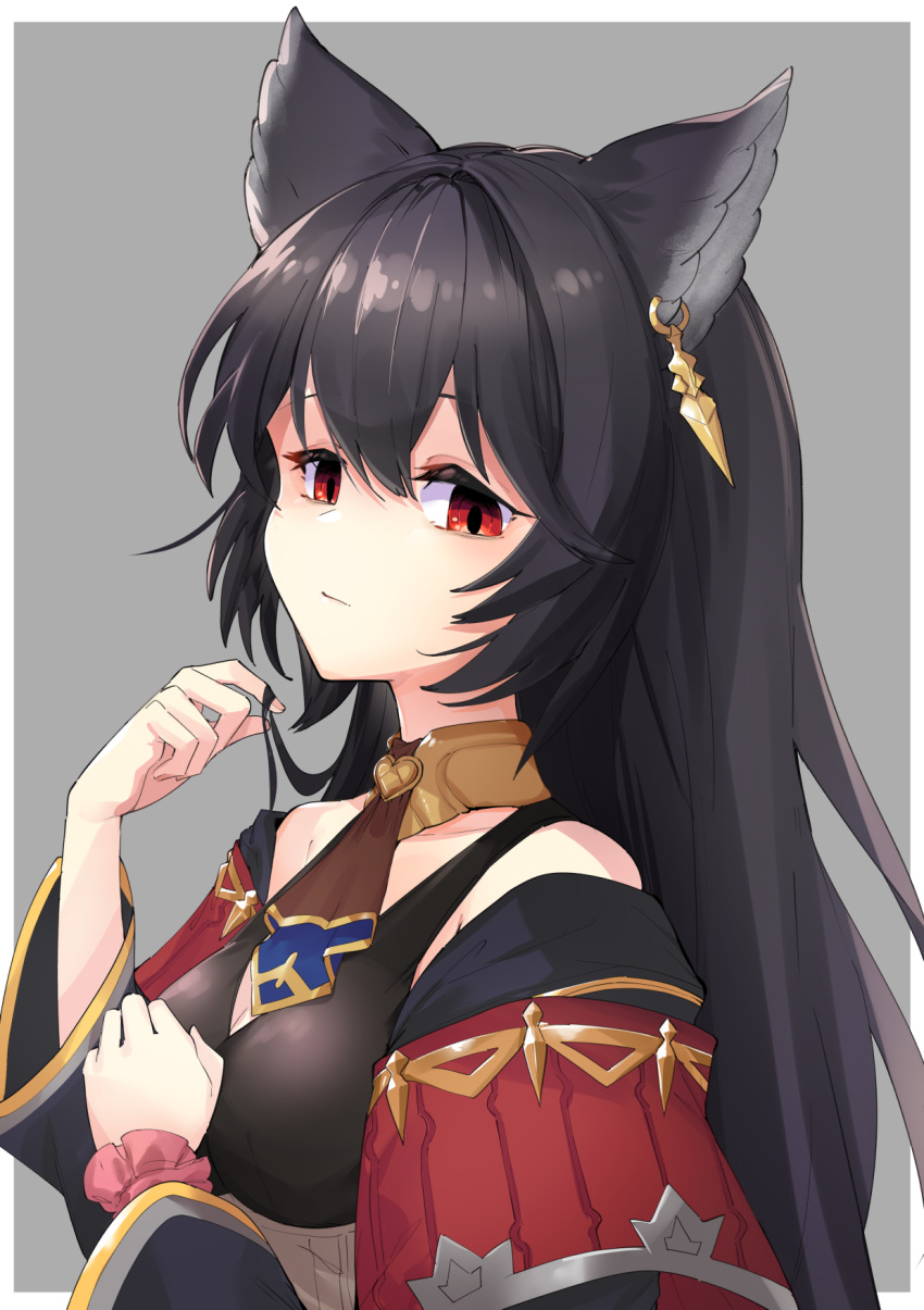 1girl animal_ears bare_shoulders black_hair border breasts closed_mouth commentary_request earrings erune granblue_fantasy grey_background hair_between_eyes hand_on_own_chest highres jewelry long_hair looking_at_viewer medium_breasts nier_(granblue_fantasy) outside_border red_eyes simple_background single_earring solo white_border zooanime