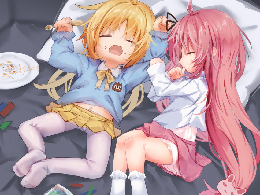 2girls absurdres aged_down blonde_hair finger_in_own_mouth highres holding holding_spoon kantai_collection kindergarten_uniform lego_brick logiclr long_hair multiple_girls navel pantyhose pillow pink_hair plate satsuki_(kancolle) sleeping spoon twintails uzuki_(kancolle) white_pantyhose