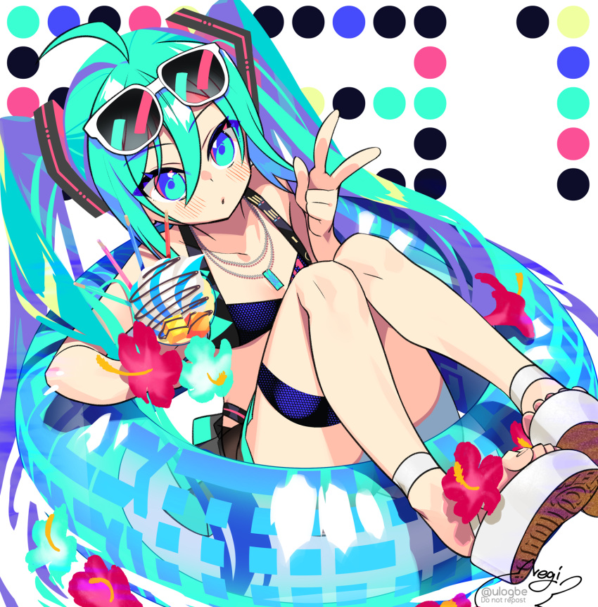 1girl ahoge bare_shoulders black_skirt blue_eyes blue_hair blush breasts closed_mouth collarbone commentary_request english_text eyewear_on_head flower food hair_between_eyes hand_up hatsune_miku highres innertube long_hair looking_at_viewer multicolored_hair negi_(ulog'be) pleated_skirt pocky red_flower sandals shoe_soles signature simple_background sitting skirt small_breasts solo sunglasses twintails twitter_username two-tone_hair v very_long_hair vocaloid white-framed_eyewear white_background white_footwear