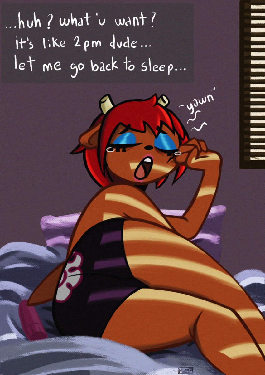 bed clothing english_text eyeshadow fur furniture hair hi_res horn lammy_lamb light lighting lying makeup mussa on_side open_mouth orange_body orange_fur panties parappa_the_rapper red_hair signature sony_corporation sony_interactive_entertainment text tired um_jammer_lammy underwear yawn