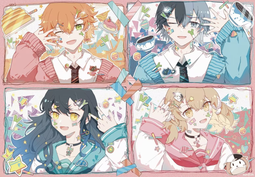 2boys 2girls :d \||/ aoyagi_touya arm_at_side artist_name azusawa_kohane bandaid bandaid_on_face black_choker black_hair black_necktie blue_cardigan blue_eyes blue_hair blue_nails blue_sailor_collar blush border brown_eyes brown_hair cake candy cardigan character_name chinese_commentary choker coffee coffee_cup collarbone collared_shirt commentary crossed_bandaids crossed_bangs cup disposable_cup dot_nose drink fang food food-themed_hair_ornament glint gradient_hair green_eyes green_nails hair_between_eyes hair_ornament hairclip hand_over_eye hand_up head_tilt jewelry long_hair long_sleeves looking_at_viewer male_focus multicolored_hair multiple_boys multiple_girls multiple_rings nail_polish neckerchief necktie one_eye_closed open_cardigan open_clothes open_mouth orange_background orange_eyes orange_hair orange_nails pale_skin pancake pancake_hair_ornament pancake_stack pendant_choker pink_border pink_cardigan pink_nails pink_neckerchief pink_sailor_collar project_sekai raised_eyebrows ring sailor_collar school_uniform serafuku shinonome_akito shiraishi_an shirt short_hair sidelocks sleeve_cuffs smile spring_onion spring_onion_hair_ornament star_(symbol) star_hair_ornament star_sticker sticker_on_face straight-on straight_hair sunfish3939 twintails two-tone_hair upper_body vivid_bad_squad_(project_sekai) w white_shirt