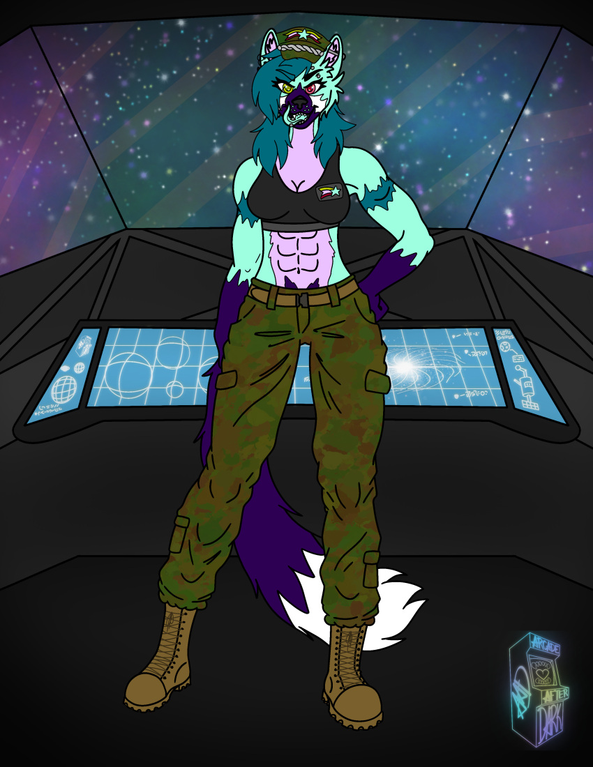 2023 abs absurd_res andromeda_(aad) anthro arcadeafterdark army_hat army_uniform boots bra canid canine canis clothed clothing colored digital_media_(artwork) ear_piercing eyebrow_piercing facial_piercing female footwear fur hair heterochromia hi_res industrial_piercing looking_at_viewer mammal maned_wolf muscular muscular_female open_mouth piercing smile solo spacecraft sports_bra tongue tongue_out tongue_piercing underwear vehicle were werecanid werecanine werewolf