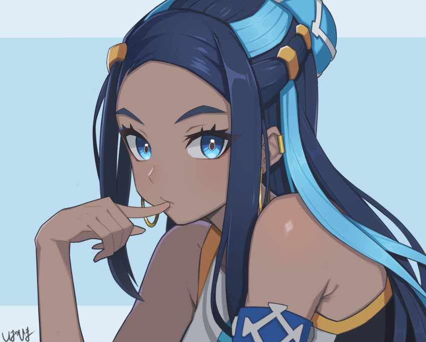 1girl aqua_hair armlet black_hair blue_eyes blue_eyeshadow closed_mouth commentary_request dark-skinned_female dark_skin earclip earrings ex_keichan eyelashes eyeshadow finger_in_own_mouth hair_bun hand_up highres hoop_earrings jewelry long_hair makeup multicolored_hair nessa_(pokemon) pokemon pokemon_(game) pokemon_swsh sidelocks single_hair_bun solo two-tone_hair upper_body