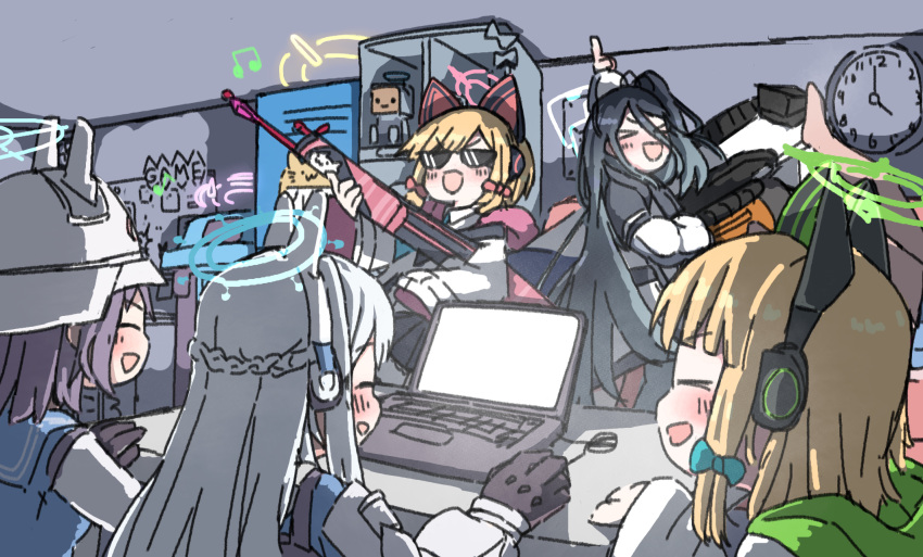 &gt;_&lt; 6+girls animal_ear_headphones animal_ears aris_(blue_archive) black_hair blonde_hair blue_archive braid cat_ear_headphones clock closed_eyes commentary_request computer fake_animal_ears french_braid game_development_department_(blue_archive) gun halo headphones highres jacket kuragesensei laptop locker midori_(blue_archive) miyako_(blue_archive) miyu_(blue_archive) momoi_(blue_archive) multiple_girls musical_note rabbit_ear_headphones rabbit_platoon_(blue_archive) railgun rifle saki_(blue_archive) school_uniform siblings sisters smile sunglasses trash_can twins weapon white_hair yuzu_(blue_archive)