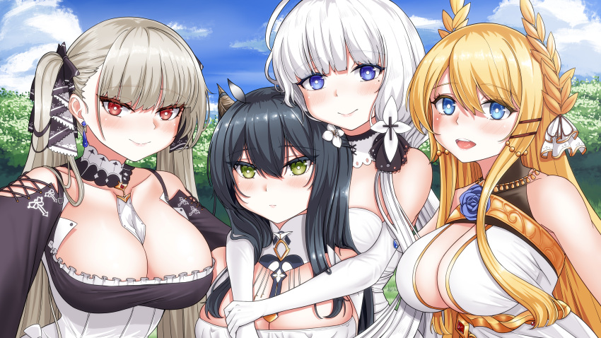 4girls absurdly_long_hair absurdres ahoge azur_lane between_breasts black_hair blonde_hair blue_eyes blue_flower blue_rose breasts cleavage cleavage_cutout clothing_cutout cloud detached_collar dress elbow_gloves flower formidable_(azur_lane) gloves gothic_lolita green_eyes grey_hair gzanth hair_flower hair_ornament hair_ribbon highres illustrious_(azur_lane) indomitable_(azur_lane) laurel_crown lolita_fashion long_hair looking_at_viewer mole mole_under_eye multiple_girls necktie necktie_between_breasts outdoors red_eyes ribbon rose selfie shoulder_cutout sky teardrop_earring tree tress_ribbon twintails two-tone_dress two-tone_ribbon very_long_hair victorious_(azur_lane) white_dress white_hair