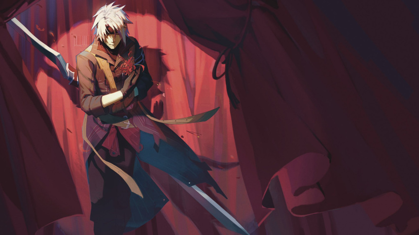 1boy black_gloves closed_eyes coat crow_armbrust curtains double-blade eiyuu_densetsu flower gloves headband highres holding holding_weapon red_flower sen_no_kiseki sen_no_kiseki_ii shadow solo spider_lily swept_bangs weapon white_hair yusaazusa