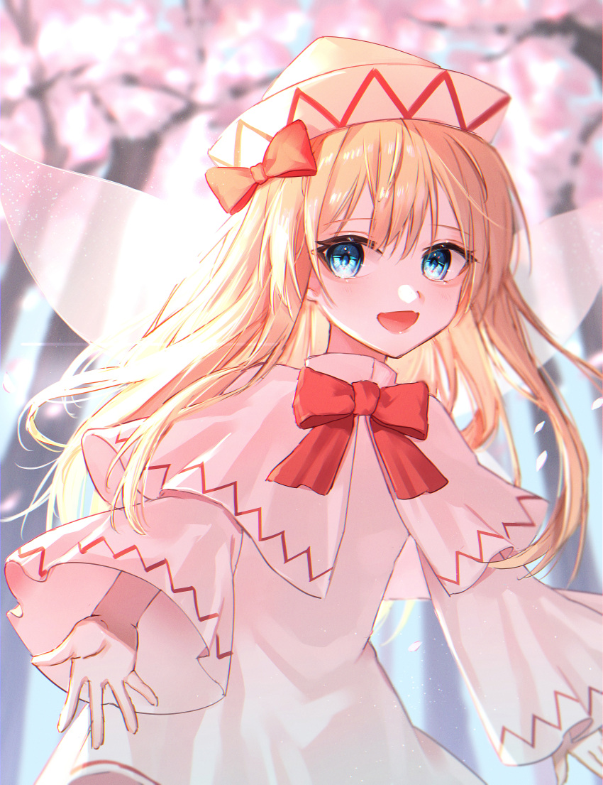 1girl :d absurdres blonde_hair blue_eyes blurry blurry_background bow bowtie capelet cherry_blossoms commentary dress fairy_wings hair_bow hat hatsu_shiki highres lily_white long_hair long_sleeves looking_at_viewer open_mouth red_bow red_bowtie smile solo touhou upper_body white_capelet white_dress white_headwear wide_sleeves wings