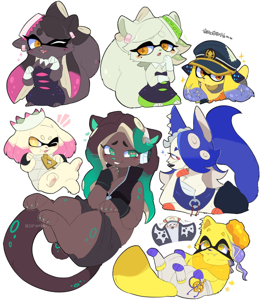 +_+ animalization artist_name big_man_(splatoon) callie_(splatoon) cat character_request dog frye_(splatoon) green_eyes highres kiirono marie_(splatoon) marina_(splatoon) no_humans one_eye_closed orange_eyes parted_lips pearl_(splatoon) shadow shiver_(splatoon) simple_background splatoon_(series) splatoon_1 splatoon_2 splatoon_3 white_background yellow_eyes zipper_pull_tab