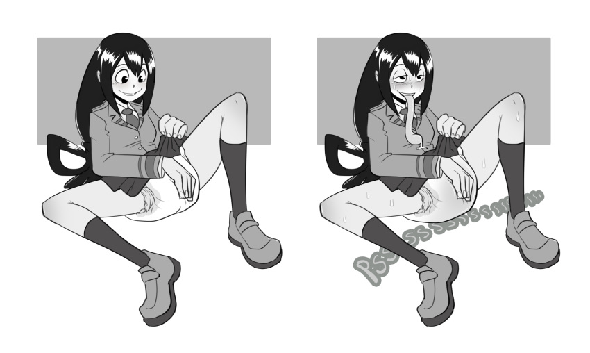 amphibian amphibian_humanoid animal_humanoid asui_tsuyu black_eyes black_hair blush bodily_fluids bottomwear clothed clothing clothing_lift diaper diaper_under_clothing exposed_diaper female footwear frog_humanoid genital_fluids hair hair_loop hi_res humanoid jacket long_hair long_tongue looking_down looking_pleasured masturbation my_hero_academia necktie open_mouth pieceofsoap saliva school_uniform shoes simple_background sitting skirt skirt_lift socks solo sound_effects spread_legs spreading sweat sweatdrop tongue tongue_out topwear touching_diaper uniform urine wet_diaper wetting wetting_diaper