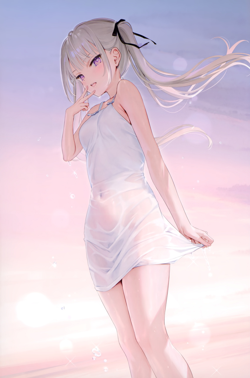 1girl absurdres bare_arms bare_shoulders blush breasts covered_navel day detexted dress fingernails floating_hair gradient_sky hand_up highres holding kouhai-chan_(mignon) long_hair looking_at_viewer mignon no_bra no_panties open_mouth original outdoors page_number pulled_by_self purple_eyes see-through see-through_silhouette shiny_skin short_dress simple_background sky sleeveless sleeveless_dress small_breasts smile solo speech_bubble standing sundress sunset teeth thighs third-party_edit twintails upper_teeth_only v v_over_mouth water water_drop wet wet_clothes white_dress white_hair