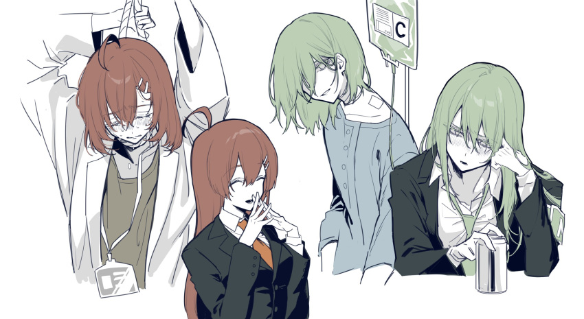 2boys 2girls ahoge black_jacket brown_hair can closed_eyes coat crying enkephalin_(project_moon) giovanni_(project_moon) green_eyes green_hair green_shirt hair_ornament hairclip highres hod_(project_moon) hospital_gown id_card intravenous_drip jacket lab_coat lob_juice lobotomy_corporation long_hair long_sleeves michelle_(project_moon) multiple_boys multiple_girls necktie netzach_(project_moon) noose open_mouth orange_necktie project_moon shirt simple_background smile very_long_hair white_background white_coat