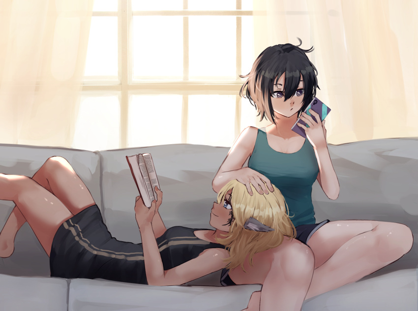 2girls bare_legs book breasts celica_(xenoblade_x) couch cross_(xenoblade_x) day erochi green_tank_top hand_on_another's_head highres holding holding_book indoors lap_pillow medium_breasts multiple_girls on_couch reading small_breasts tank_top window xenoblade_chronicles_(series) xenoblade_chronicles_x yuri