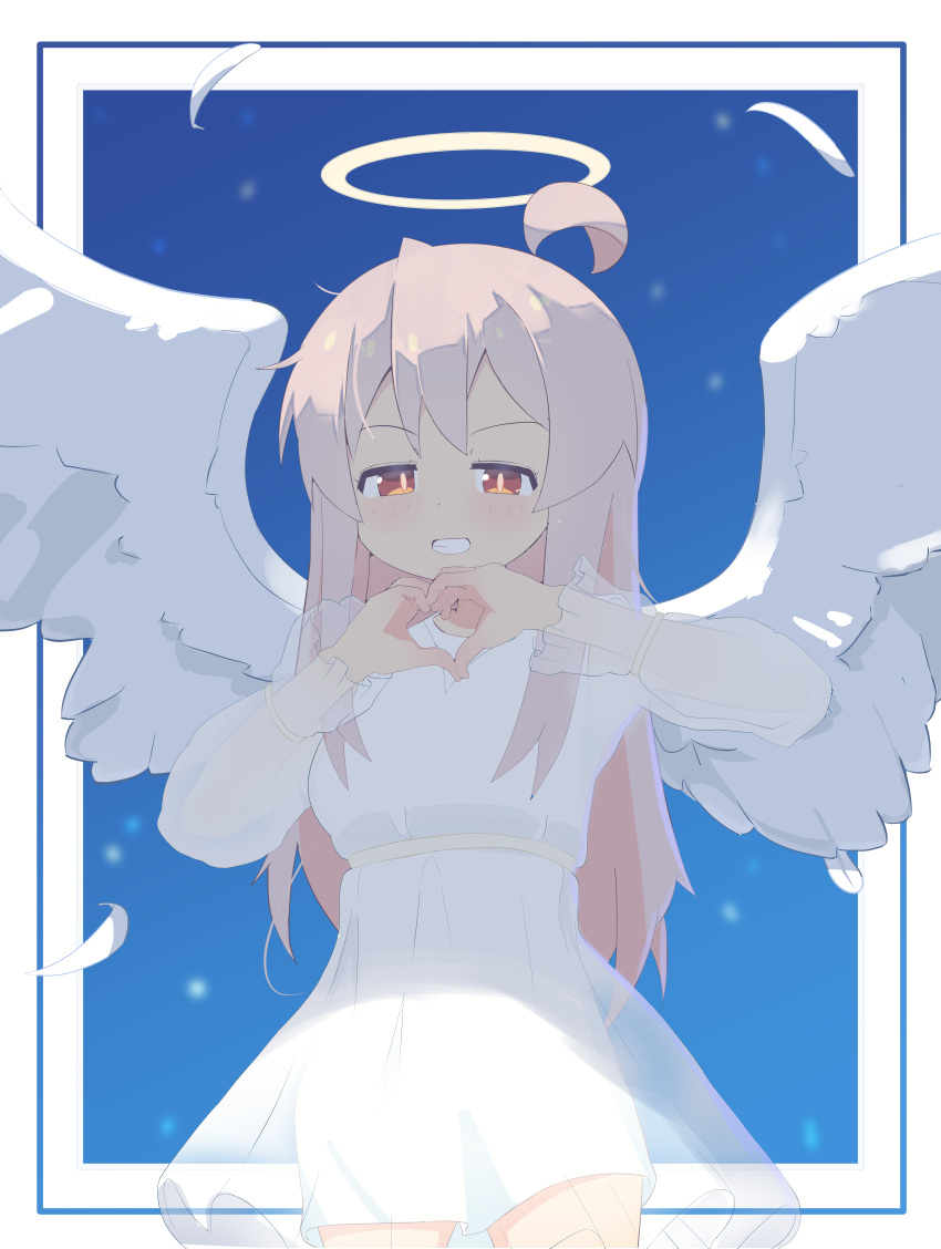 1girl absurdres ahoge angel angel_wings blue_background brown_eyes colored_inner_hair commentary cowboy_shot dot_nose dress feathered_wings feathers framed grey_hair grin halo heart heart_hands highres long_hair long_sleeves looking_at_viewer multicolored_hair onii-chan_wa_oshimai! oyama_mahiro pink_hair simple_background smile solo two-tone_hair white_dress white_wings wings yama_h15