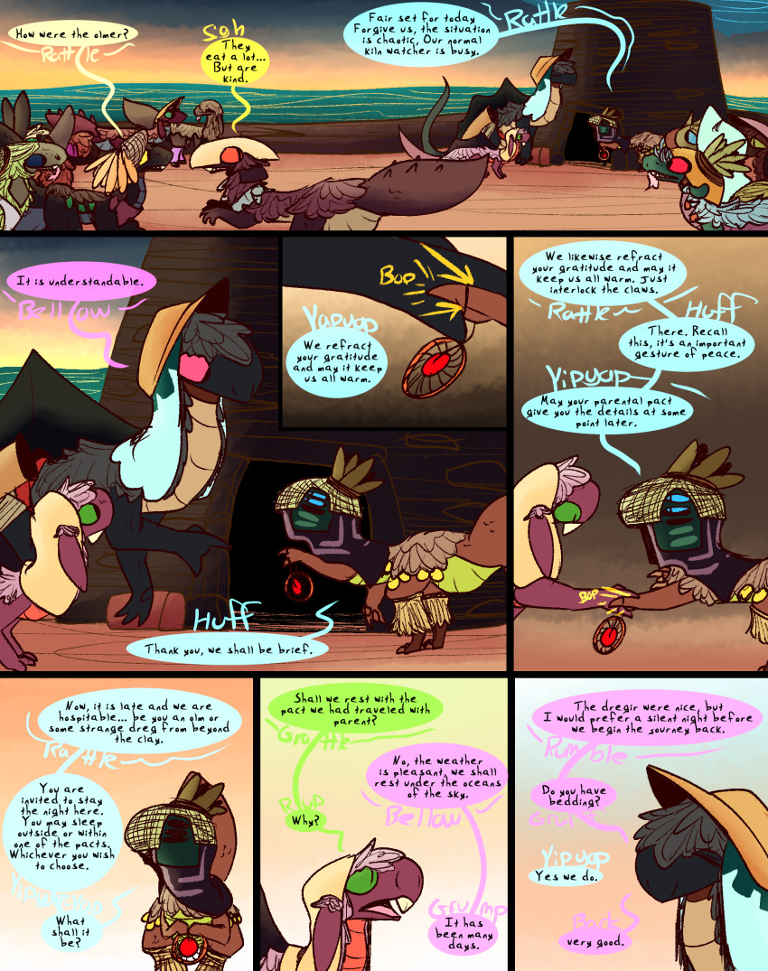 ambiguous_gender ceremony comic crowd dialogue dinosaur dragon dragonscape drekir dromaeosaurid fantasy feral group hi_res kern_(thepatchedragon) lud_(thepatchedragon) mask omel_(thepatchedragon) ormer post-apocalyptic pregnant reptile ritual scalie seaside sunset text thepatchedragon theropod ura_(thepatchedragon)