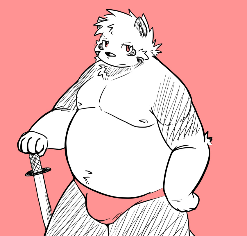 2023 anthro bear_2key belly big_belly bulge canid canine clothing hi_res humanoid_hands kemono male mammal moobs navel nipples overweight overweight_male raccoon_dog red_background simple_background solo tanuki underwear weapon