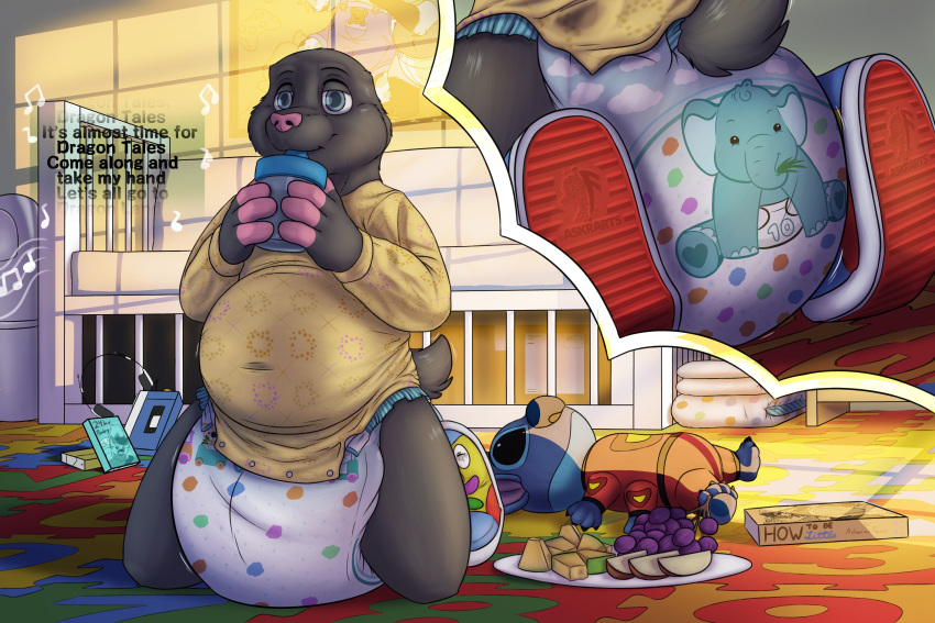 abdl_nursery ageplay alien anthro apple apple_slice askrfur beverage book cassette_player cassette_tape clothing coffee crib cutaway detailed_background diaper disney elephant elephantid eulipotyphlan experiment_(lilo_and_stitch) food footwear front_view fruit grape headphones hi_res hypnosis infantilism large_diaper letters lilo_and_stitch listening_to_music looking_happy male mammal mental_regression mind_control mitchel_patterson(greyraven42) mole_(animal) morning musical_note number onsie overweight overweight_male plant polka_dots proboscidean rear_view shaded shoes sippy_cup sneakers solo stitch_(lilo_and_stitch)
