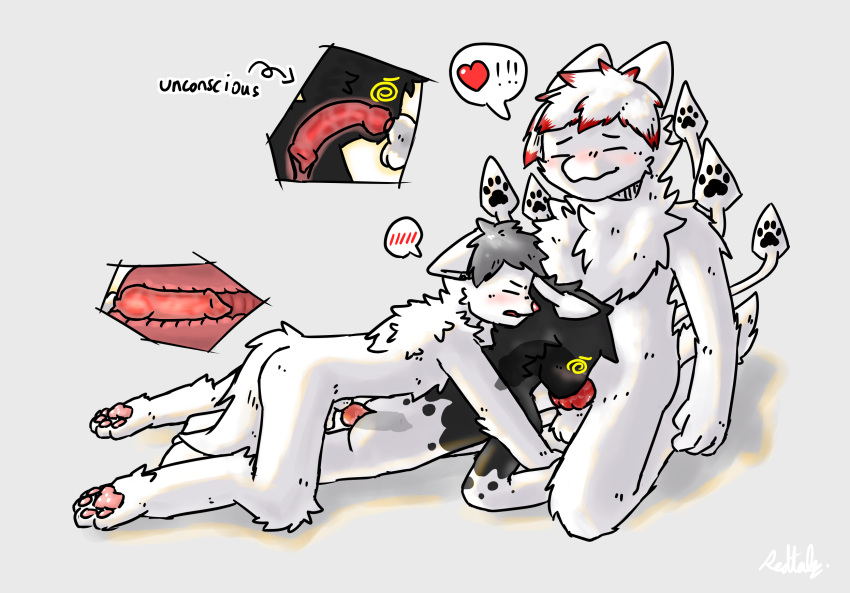 anal anal_penetration animal_genitalia anthro blush blush_lines bodily_fluids changed_(video_game) colored deep_throat fellatio genitals grey_hair group group_sex hair heart_symbol hi_res hybrid internal internal_anal internal_oral knot male male/male oral oral_penetration pawpads paws penetration penile penis ralph_(scarydude6337) redtale sex shaded signature simple_background sitting speech_bubble squid_dog_(changed) threesome trio white_body