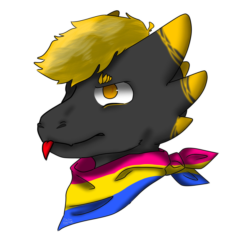 anthro bandana_on_neck black_body blep blonde_hair flared_nostrils frown hair head_markings headshot_portrait hi_res kobold lgbt_pride looking_away male markings no_pupils pansexual_pride_colors portrait pride_colors scales short_stack simple_background solo tongue tongue_out white_background yellow_body yellow_scales