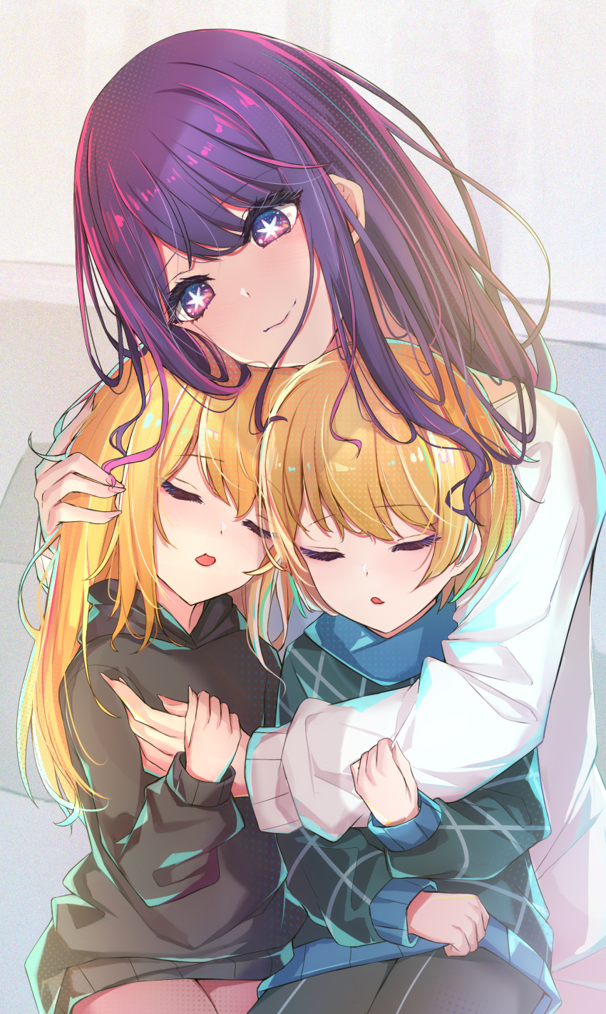 1boy 2girls absurdres black_hoodie blonde_hair closed_mouth commentary head_hug highres hood hoodie hoshino_ai_(oshi_no_ko) hoshino_aquamarine hoshino_ruby hug long_hair mother_and_daughter mother_and_son multicolored_eyes multiple_girls open_mouth oshi_no_ko parted_lips purple_eyes purple_hair sherryqq short_hair siblings sidelocks sleeping star-shaped_pupils star_(symbol) sweater symbol-shaped_pupils twins white_sweater