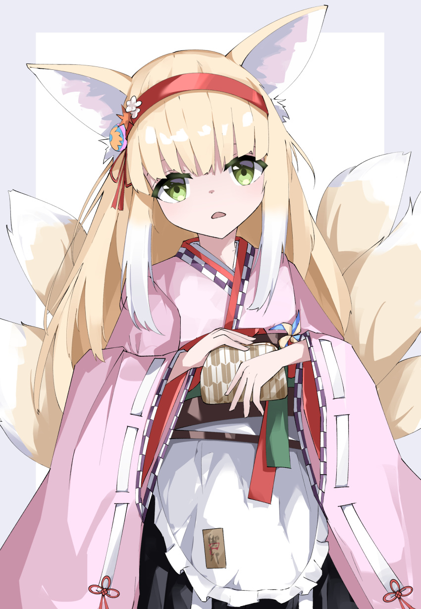 1girl absurdres animal_ears apron arknights black_hakama blonde_hair coin_purse colored_tips commentary flower fox_ears fox_girl fox_tail frilled_apron frills green_eyes hair_flower hair_ornament hairband hakama highres japanese_clothes kenken_back kimono kitsune kyuubi long_hair long_sleeves looking_at_viewer multicolored_hair multiple_tails obi official_alternate_costume open_mouth pink_kimono pinwheel red_hairband sash solo suzuran_(arknights) suzuran_(yukibare)_(arknights) tail two-tone_hair waist_apron white_apron white_hair wide_sleeves yagasuri