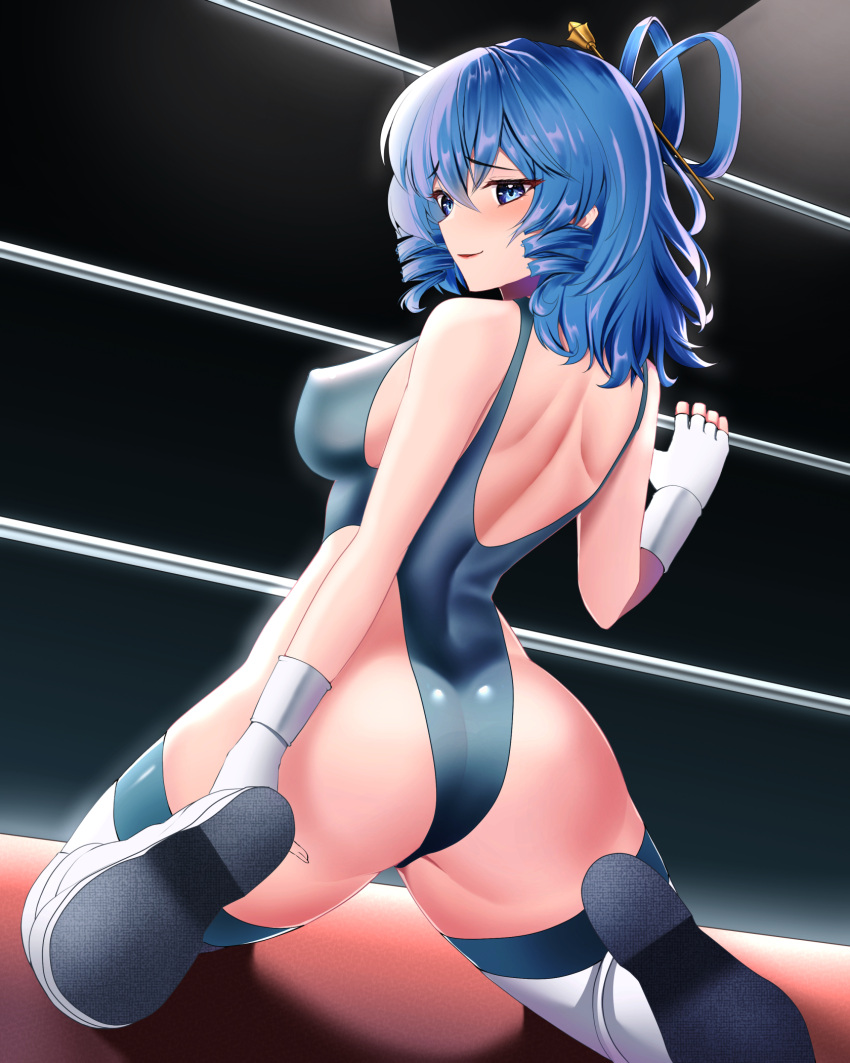 1girl ass blue_eyes blue_hair blue_leotard blush boots breasts commission drill_hair drill_locks hair_ornament hair_rings hair_stick highres kaku_seiga kneeling leotard lipstick looking_at_viewer makeup mattyakinako_(odango_imomushi) medium_breasts pixiv_commission sidelocks solo stage_lights touhou touhou_tag_dream wrestling_outfit wrestling_ring