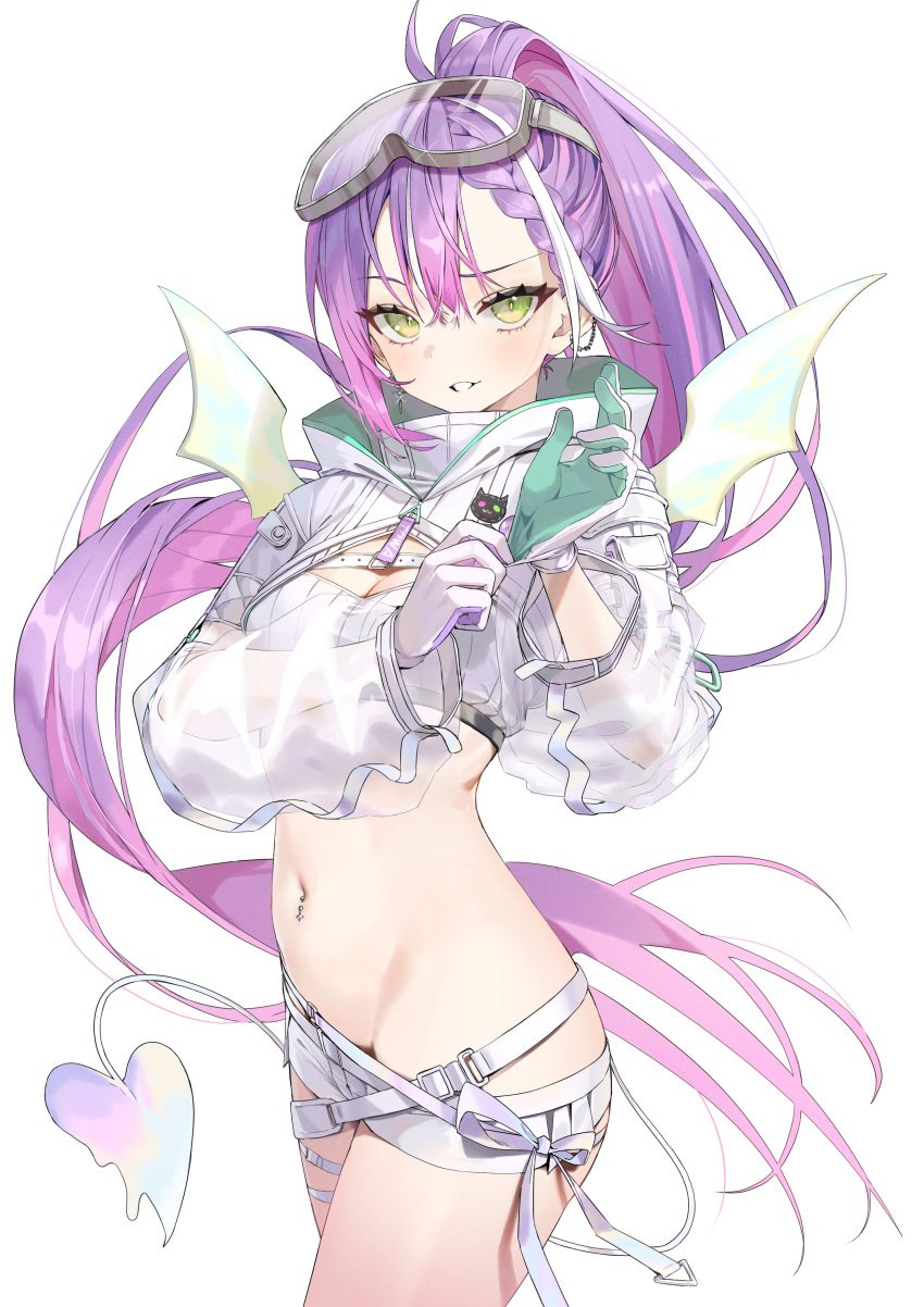 1girl absurdres adjusting_clothes adjusting_gloves belt chest_belt cross cross_earrings demon_tail demon_wings dgr2023 earrings eyewear_on_head gloves goggles goggles_on_head green_eyes high_ponytail highres hololive jewelry long_hair long_sleeves looking_at_viewer melting_tail multicolored_hair multiple_belts navel navel_piercing official_alternate_costume parted_lips piercing pink_hair puffy_long_sleeves puffy_sleeves purple_hair see-through see-through_sleeves short_shorts shorts shrug_(clothing) simple_background smile snap-fit_buckle solo stomach strapless streaked_hair tail thigh_belt thigh_strap tokoyami_towa tokoyami_towa_(5th_costume) tube_top turtleneck two-sided_gloves very_long_hair virtual_youtuber white_background white_gloves white_hair white_shorts white_shrug white_tail white_tube_top white_wings wings