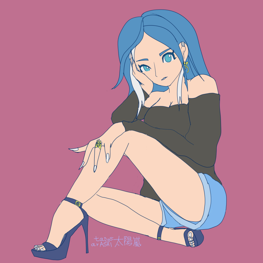 1girl absurdres blue_eyes blue_hair denim denim_shorts earrings feet high_heels highres inazuma_eleven_(series) jewelry nail_polish off-shoulder_sweater off_shoulder ring shorts sweater taiyouarashi toenail_polish toenails urubida white_hair