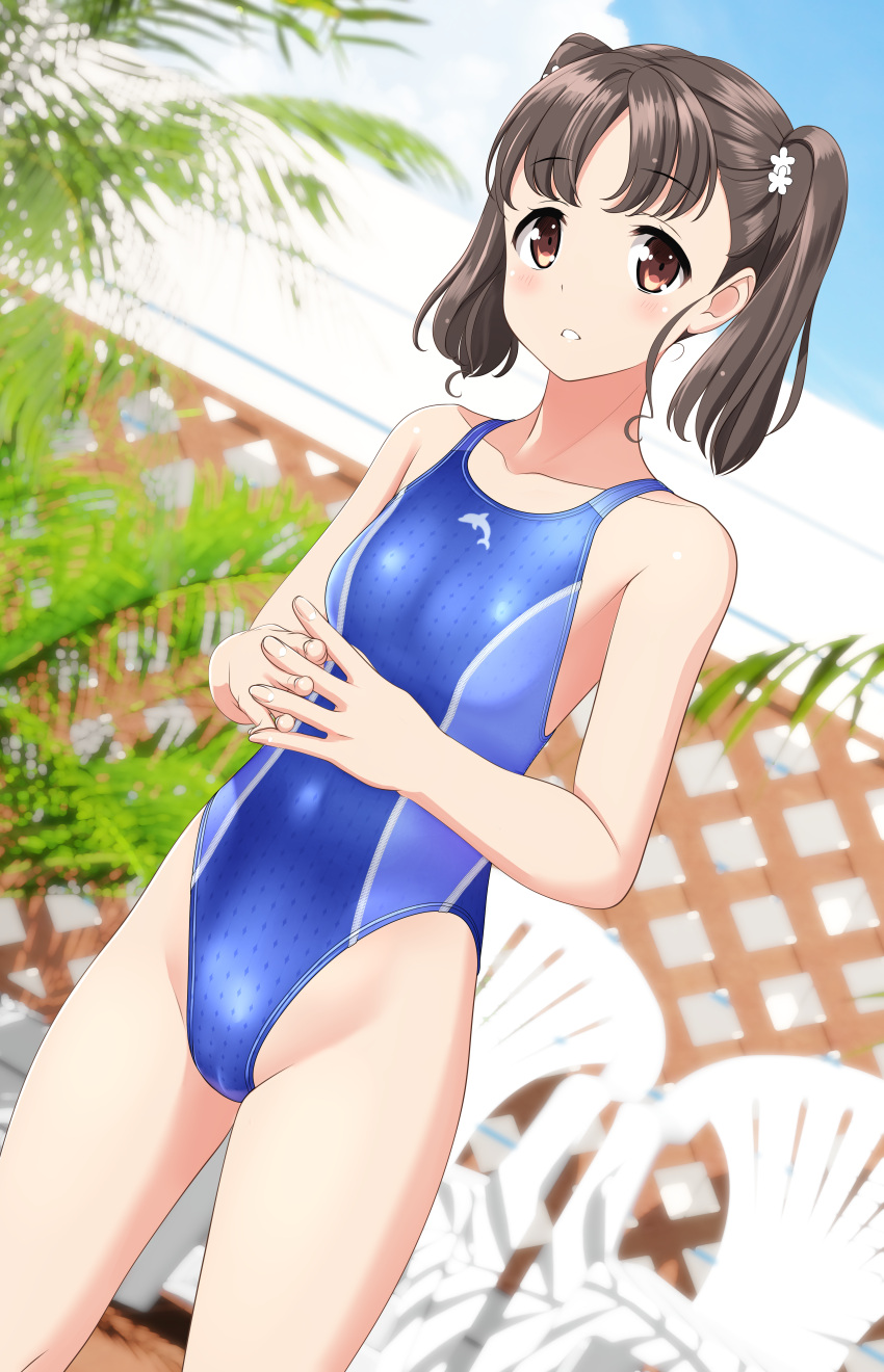 1girl absurdres black_hair blue_one-piece_swimsuit breasts brown_eyes chair commentary_request competition_swimsuit covered_navel dutch_angle fence groin high_school_fleet highres looking_at_viewer one-piece_swimsuit own_hands_clasped own_hands_together parted_lips shiretoko_rin short_hair small_breasts solo swimsuit takafumi twintails two-tone_swimsuit
