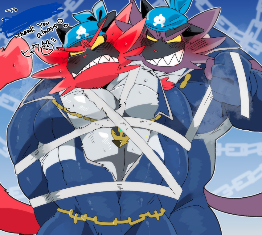 anthro archie_(pokemon) bandanna big_muscles blush bodily_fluids clothing domestic_cat duo felid feline felis generation_7_pokemon hi_res hyaku_(artist) incineroar jewelry kerchief male mammal muscular necklace nintendo pecs pokemon pokemon_(species) skinsuit smile sweat tail tape team_aqua teeth tight_clothing