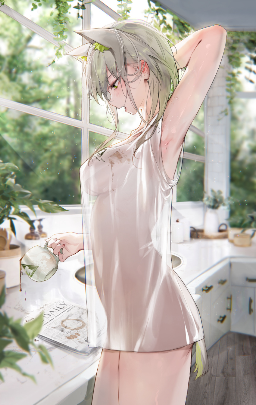 1girl absurdres animal_ears arknights arm_up armpits blurry blush breasts coffee cup depth_of_field dress from_side gradient_hair green_eyes green_hair highres kal'tsit_(arknights) large_breasts medium_hair multicolored_hair newspaper open_mouth qiandaiyiyu see-through see-through_dress sink solo sweat tail white_dress window wooden_floor