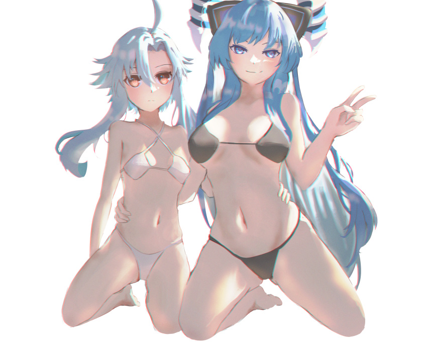 2girls absurdres ahoge ass_visible_through_thighs bikini black_bikini blue_eyes blue_hair breasts breasts_apart closed_mouth collarbone commission commissioner_upload expressionless flat_chest full_body hair_between_eyes hand_on_another's_waist highres hikaru_aruka horns kiseijou_rei_(goddess_form) kneeling large_breasts light_blue_hair long_hair looking_at_viewer multiple_girls navel neptune_(series) non-web_source power_symbol power_symbol-shaped_pupils red_eyes short_hair_with_long_locks sidelocks sign smile stomach swimsuit symbol-shaped_pupils transparent_background v very_long_hair warning_sign white_bikini white_heart