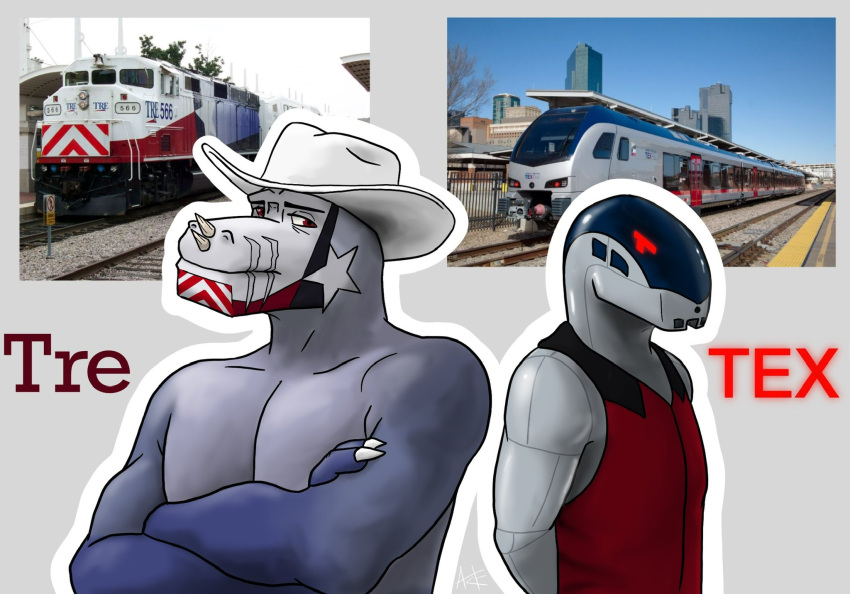 acedaddydragon anthro black_eyebrows chevron_(marking) clothed clothing cowboy_hat crossed_arms diesel-electric_locomotive dragon duo electro-motive-diesel emd_f59 eyebrows grey_background hands_behind_back hat headgear headwear hi_res horn how_to_dragon_your_train hybrid living_machine living_train living_vehicle locomorph locomotive machine male markings metallic_body muscular muscular_anthro muscular_male photo red_clothing red_eyes red_markings red_text red_topwear red_vest reptile robot scalie scar simple_background stadler_flirt stadler_rail texas texrail text topless topless_anthro topless_male topwear train trinity_railway_express vehicle vest white_body white_clothing white_hat white_headwear