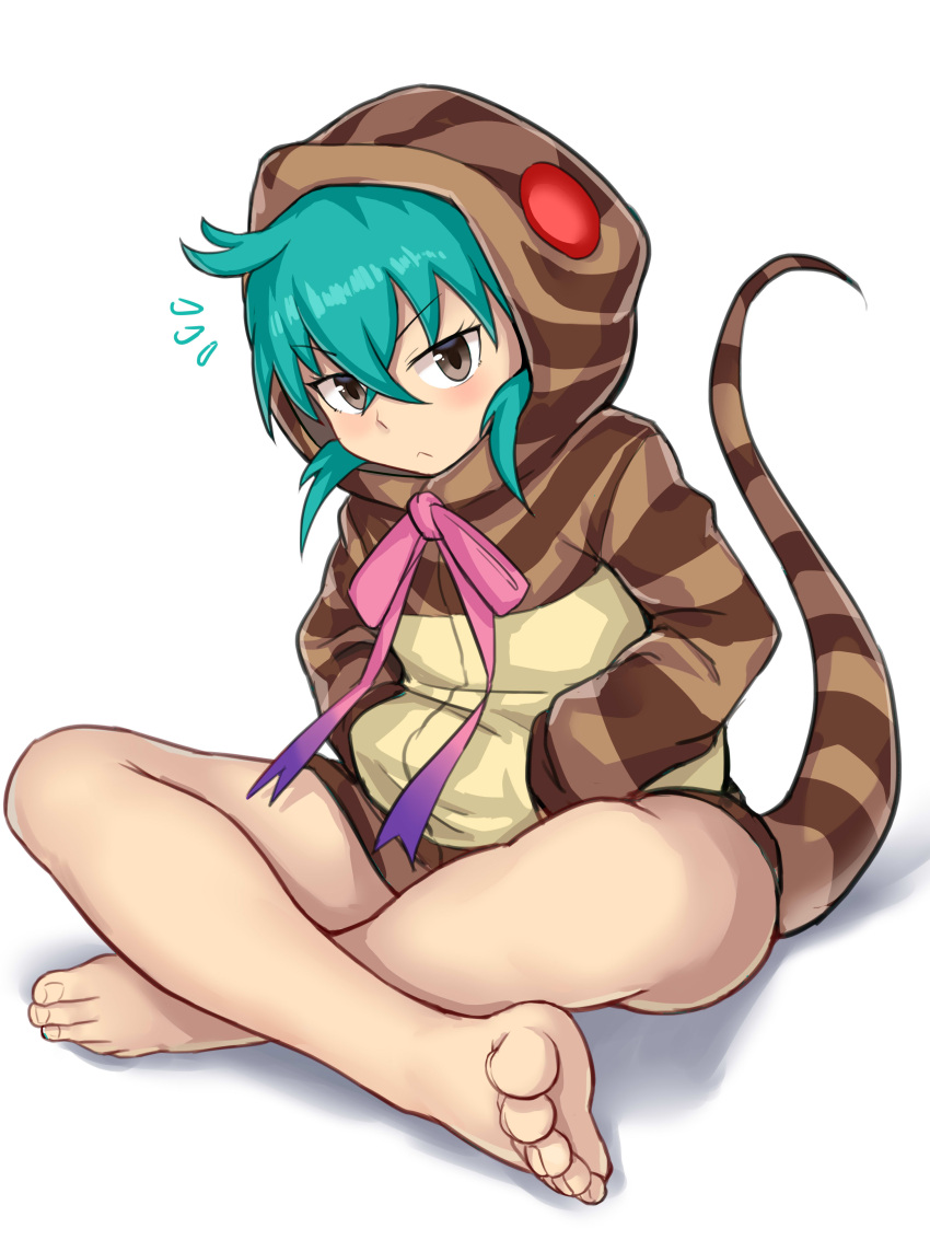 1girl :&lt; absurdres animal_hood aomoro aqua_hair bare_legs barefoot blue_ribbon blush brown_eyes closed_mouth crossed_bangs feet full_body glowing gradient_neck_ribbon gradient_ribbon hair_between_eyes hands_in_pockets highres hood hood_up hoodie indian_style kemono_friends long_sleeves looking_at_viewer neck_ribbon notice_lines pink_ribbon ribbon short_hair sitting snake_hood snake_tail solo striped striped_hoodie striped_tail tail toenails toes tsuchinoko_(kemono_friends) variant_set white_background